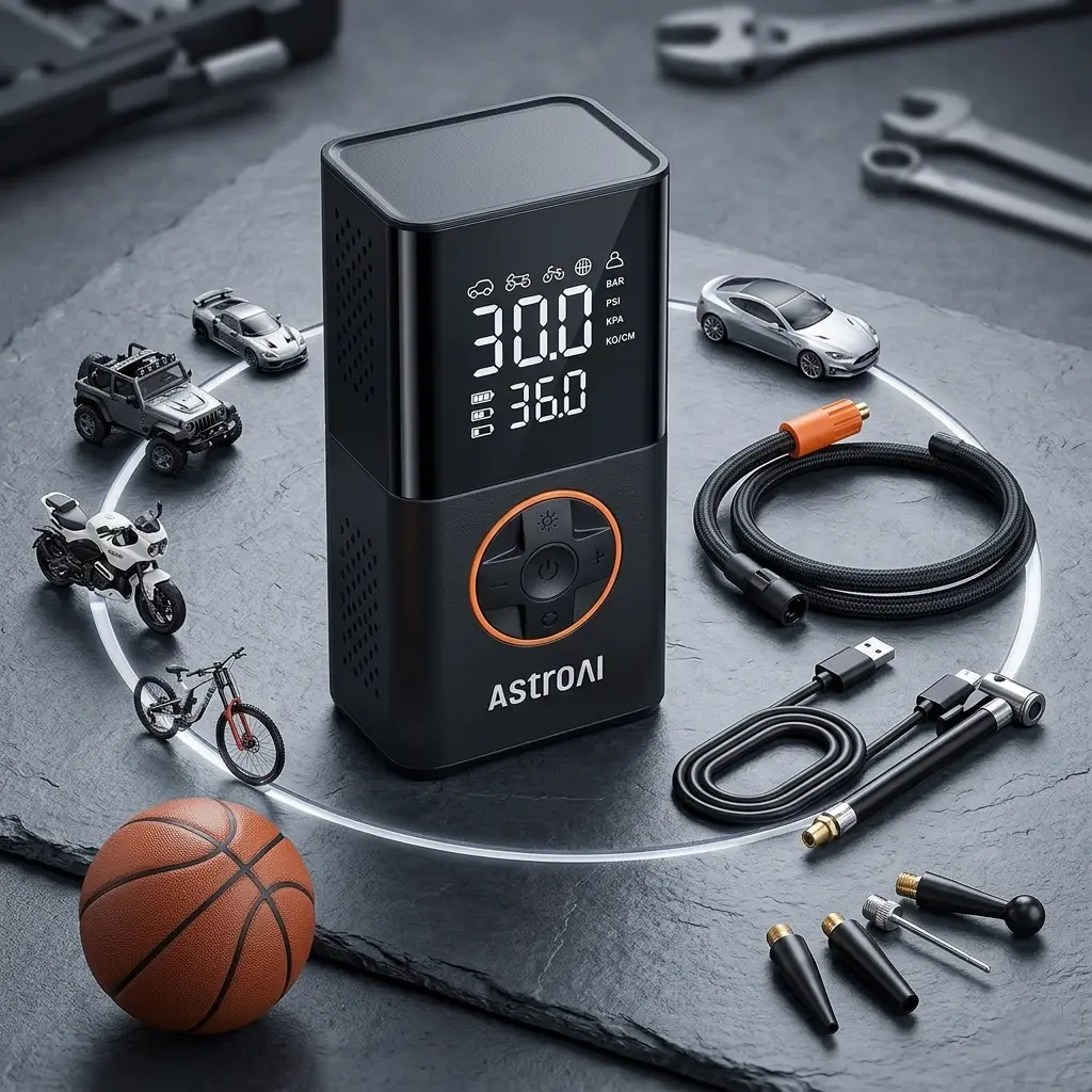 AstroAI L7 Tire Inflator Portable Air Compressor Cordless Mini Bike Pump with Digital Dual Values Display, 150 PSI Car Tires Air Pump with LED Lights&Pressure Gauge for Auto, Motorcycles, Bikes, Balls