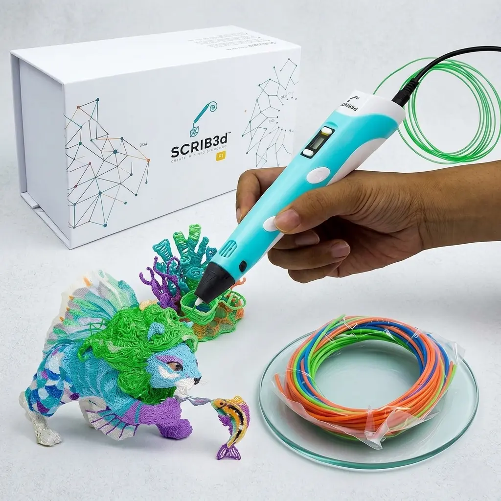 SCRIB3D P1 3D Printing Pen with Display - Includes 3D Pen, 3 Starter Colors of PLA Filament, Stencil Book + Project Guide, and Power adapter